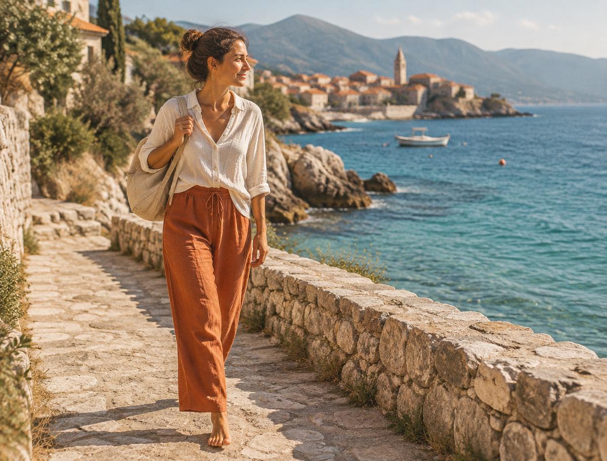 A woman with a small daypack walking barefoot along a stone path beside the Adriatic